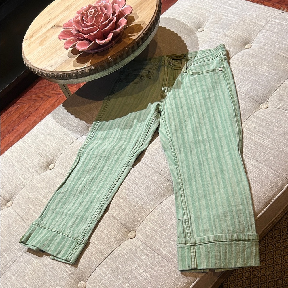 Missy VIGOSS Vintage Y2K Green Striped Denim Capris Size 3/4